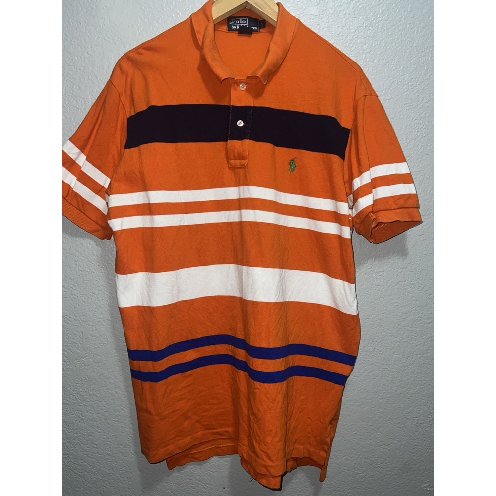 Polo Ralph Lauren Shirt Mens Medium Orange‎ Striped Colorful Small Pony